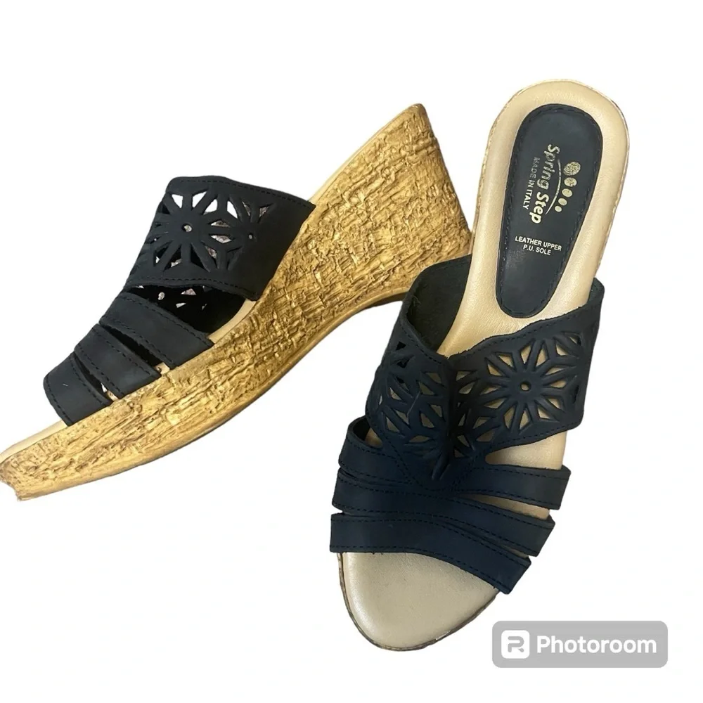 Spring Step Estella Black Leather Nubuck Wedge Slide Sandals